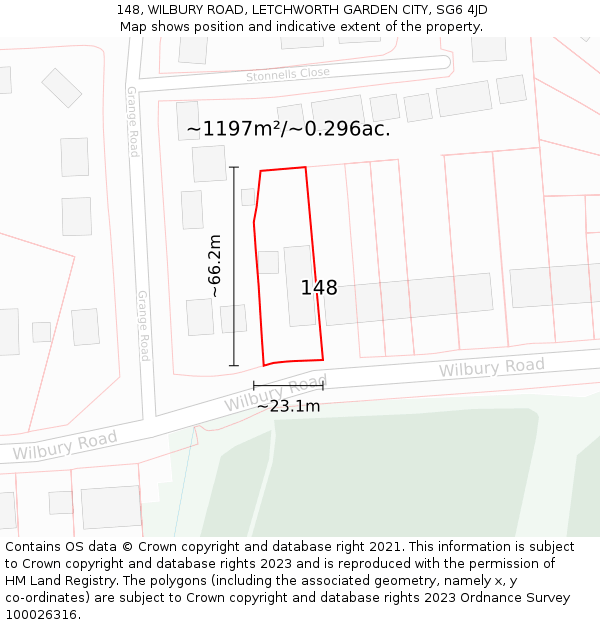 148, WILBURY ROAD, LETCHWORTH GARDEN CITY, SG6 4JD: Plot and title map