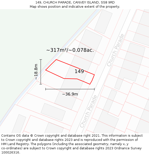 149, CHURCH PARADE, CANVEY ISLAND, SS8 9RD: Plot and title map