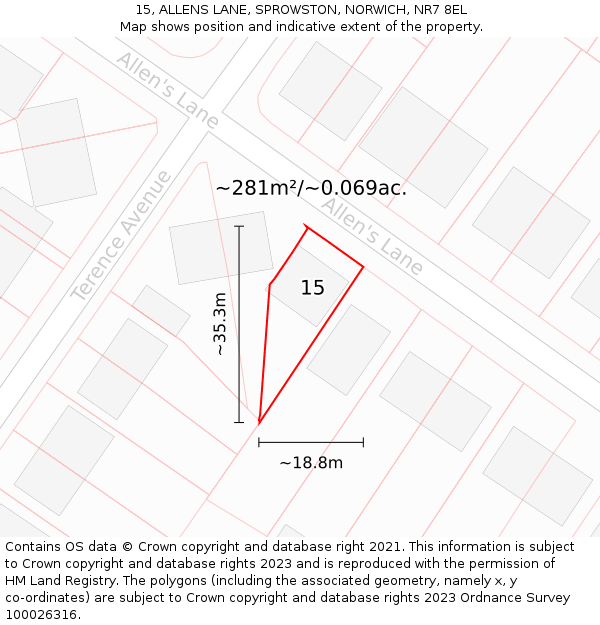 15, ALLENS LANE, SPROWSTON, NORWICH, NR7 8EL: Plot and title map