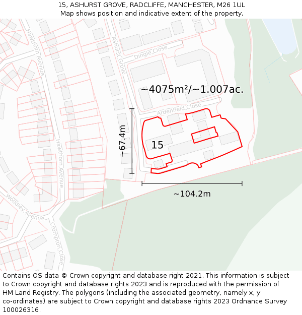 15, ASHURST GROVE, RADCLIFFE, MANCHESTER, M26 1UL: Plot and title map