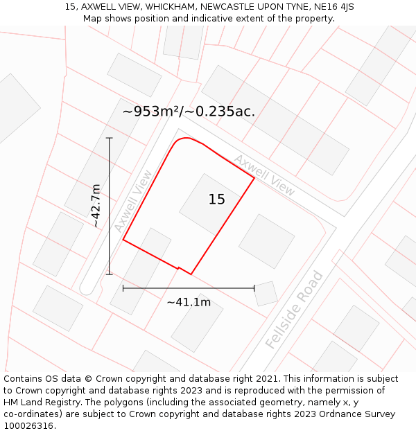 15, AXWELL VIEW, WHICKHAM, NEWCASTLE UPON TYNE, NE16 4JS: Plot and title map