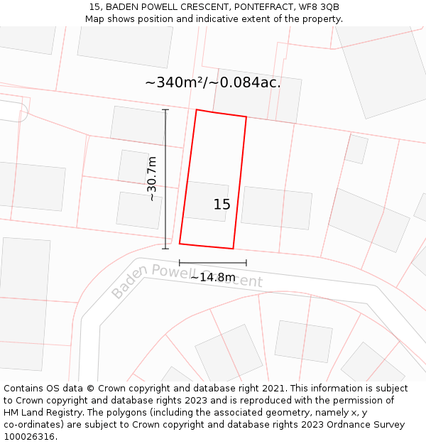 15, BADEN POWELL CRESCENT, PONTEFRACT, WF8 3QB: Plot and title map