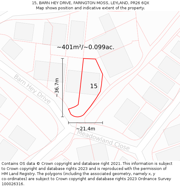 15, BARN HEY DRIVE, FARINGTON MOSS, LEYLAND, PR26 6QX: Plot and title map