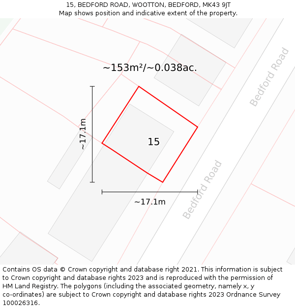 15, BEDFORD ROAD, WOOTTON, BEDFORD, MK43 9JT: Plot and title map