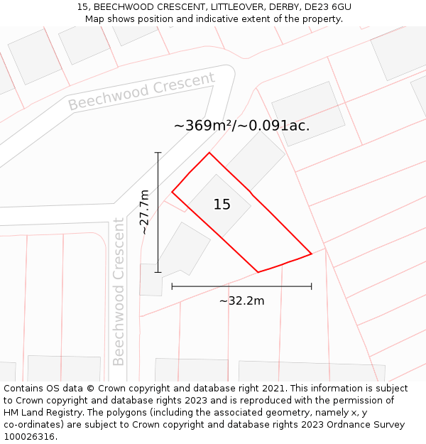 15, BEECHWOOD CRESCENT, LITTLEOVER, DERBY, DE23 6GU: Plot and title map