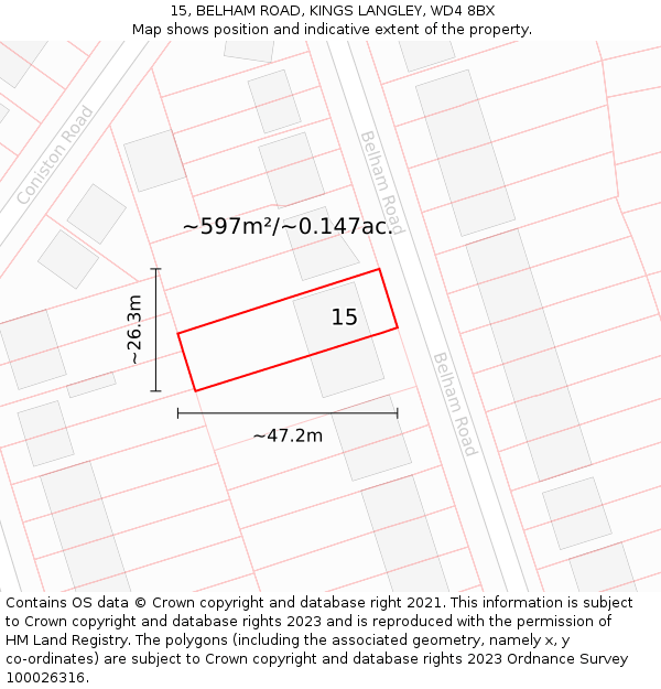 15, BELHAM ROAD, KINGS LANGLEY, WD4 8BX: Plot and title map