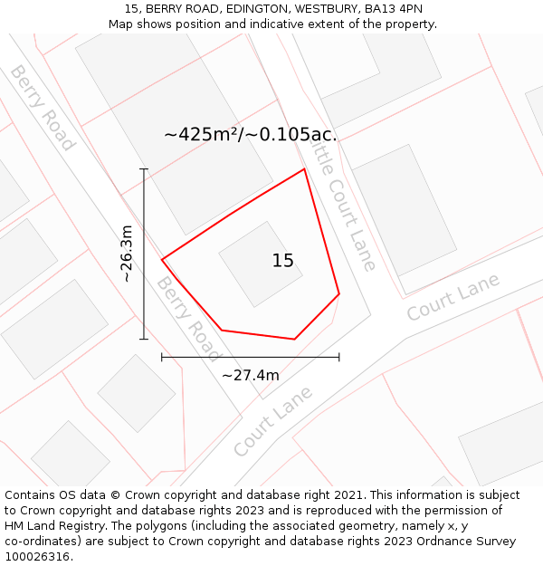 15, BERRY ROAD, EDINGTON, WESTBURY, BA13 4PN: Plot and title map