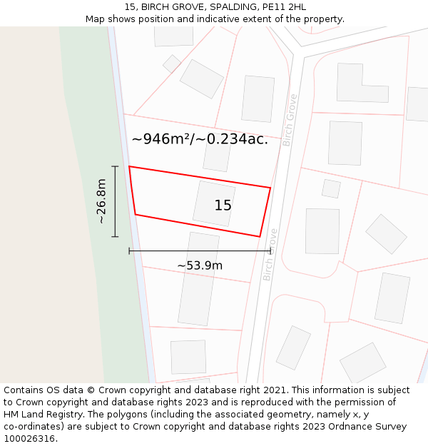 15, BIRCH GROVE, SPALDING, PE11 2HL: Plot and title map