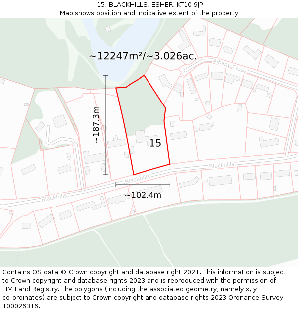 15, BLACKHILLS, ESHER, KT10 9JP: Plot and title map