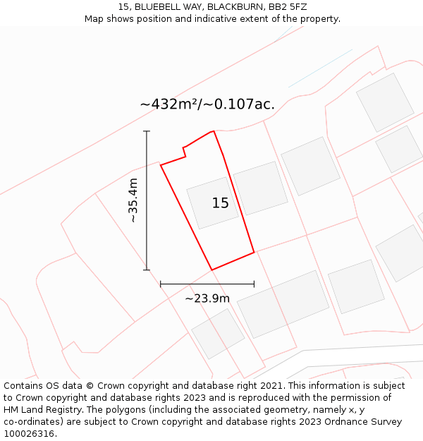 15, BLUEBELL WAY, BLACKBURN, BB2 5FZ: Plot and title map