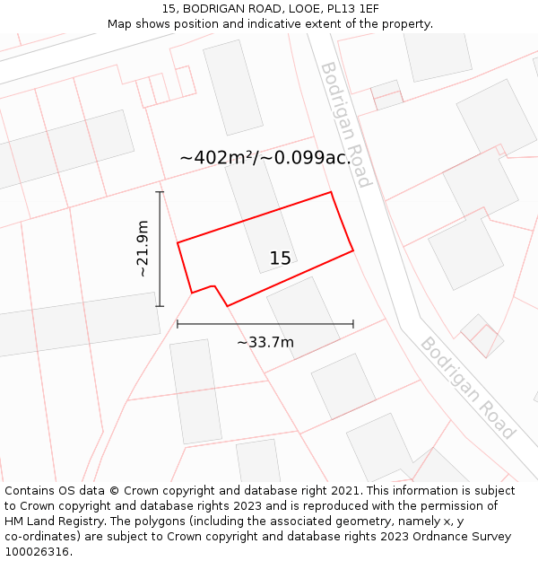 15, BODRIGAN ROAD, LOOE, PL13 1EF: Plot and title map