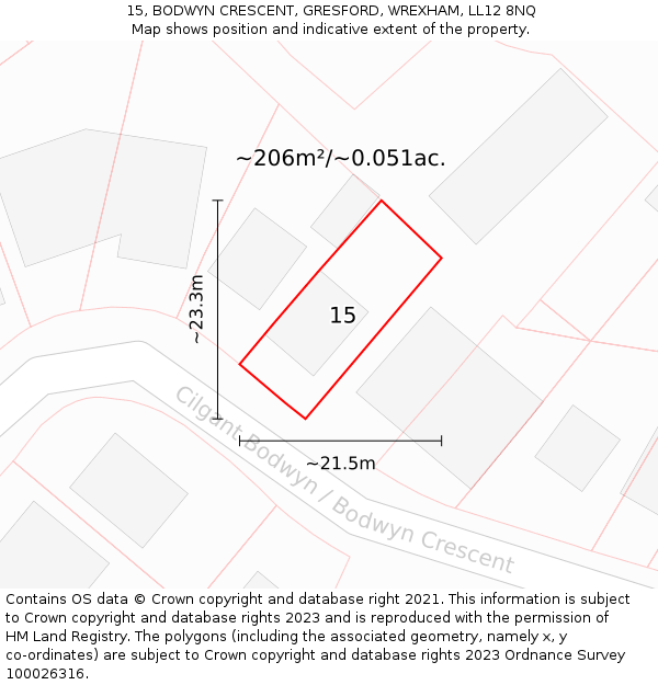 15, BODWYN CRESCENT, GRESFORD, WREXHAM, LL12 8NQ: Plot and title map