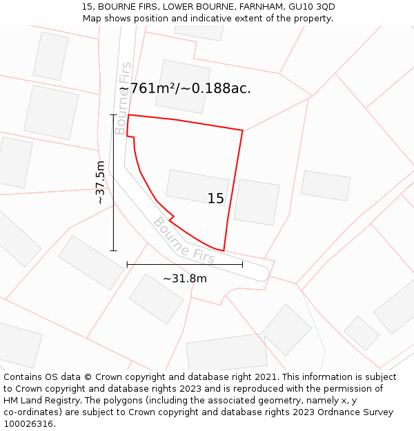 15, BOURNE FIRS, LOWER BOURNE, FARNHAM, GU10 3QD: Plot and title map