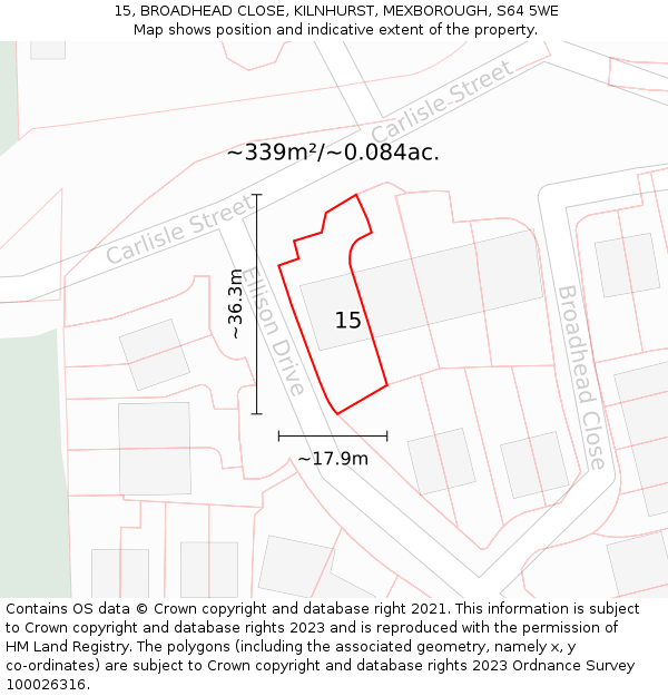 15, BROADHEAD CLOSE, KILNHURST, MEXBOROUGH, S64 5WE: Plot and title map