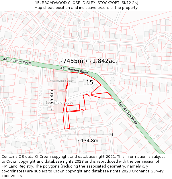 15, BROADWOOD CLOSE, DISLEY, STOCKPORT, SK12 2NJ: Plot and title map