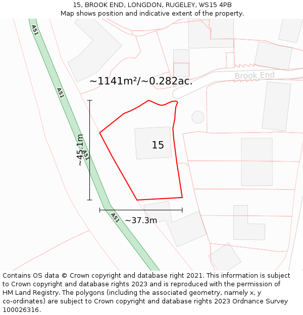 15, BROOK END, LONGDON, RUGELEY, WS15 4PB: Plot and title map