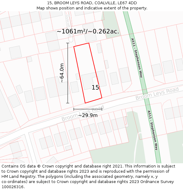 15, BROOM LEYS ROAD, COALVILLE, LE67 4DD: Plot and title map
