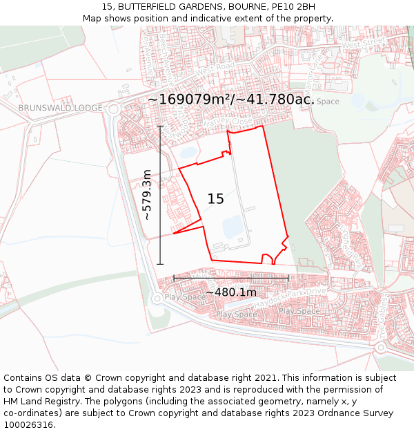 15, BUTTERFIELD GARDENS, BOURNE, PE10 2BH: Plot and title map