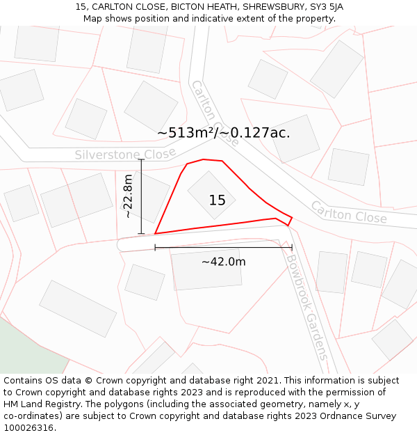 15, CARLTON CLOSE, BICTON HEATH, SHREWSBURY, SY3 5JA: Plot and title map