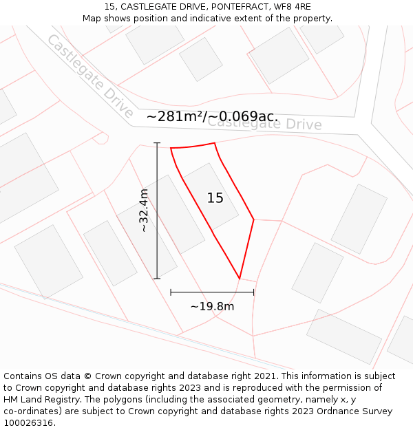 15, CASTLEGATE DRIVE, PONTEFRACT, WF8 4RE: Plot and title map