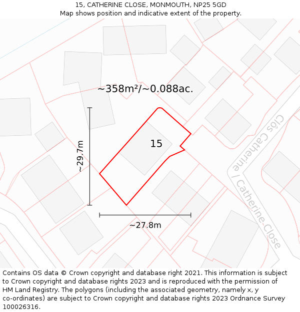 15, CATHERINE CLOSE, MONMOUTH, NP25 5GD: Plot and title map