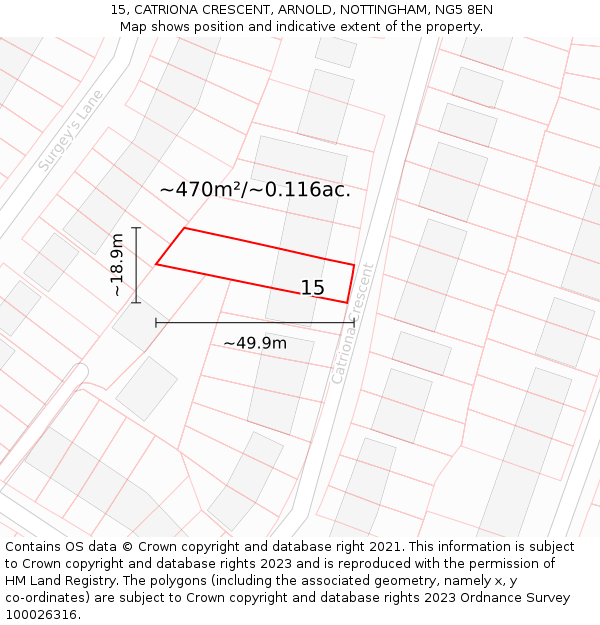 15, CATRIONA CRESCENT, ARNOLD, NOTTINGHAM, NG5 8EN: Plot and title map