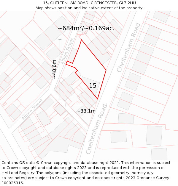 15, CHELTENHAM ROAD, CIRENCESTER, GL7 2HU: Plot and title map