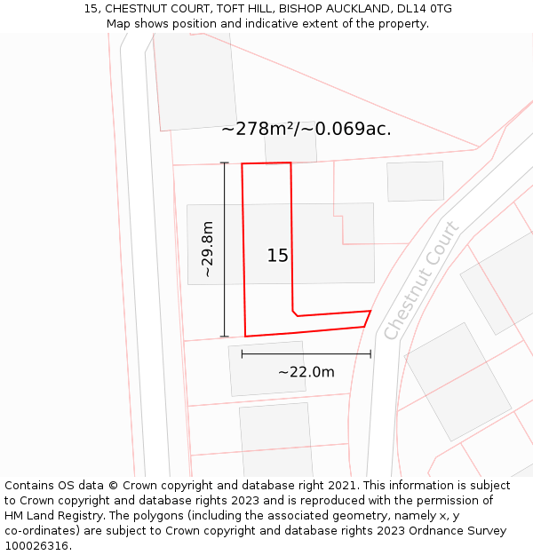 15, CHESTNUT COURT, TOFT HILL, BISHOP AUCKLAND, DL14 0TG: Plot and title map