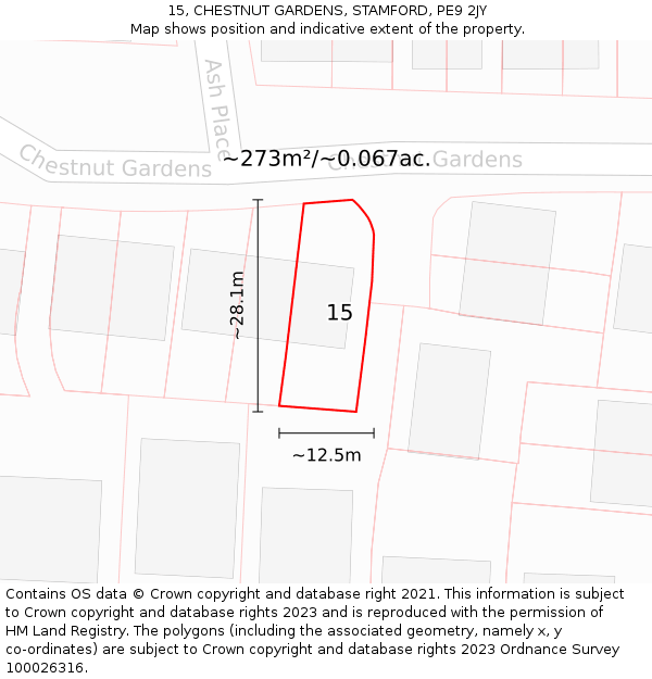 15, CHESTNUT GARDENS, STAMFORD, PE9 2JY: Plot and title map