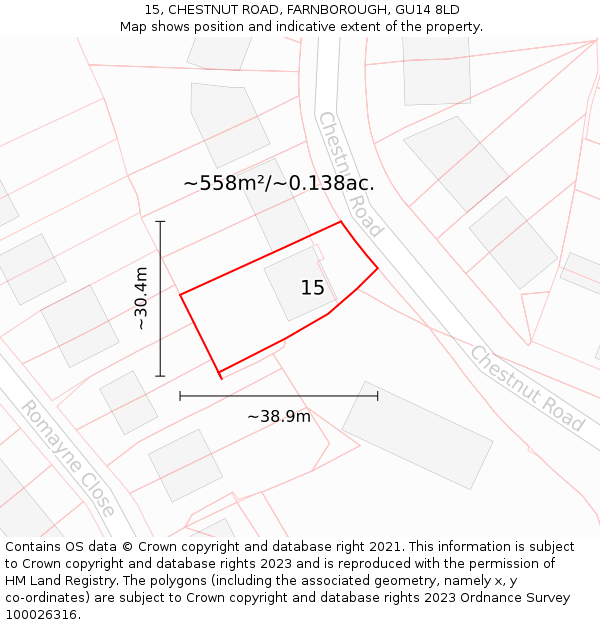 15, CHESTNUT ROAD, FARNBOROUGH, GU14 8LD: Plot and title map