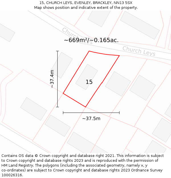 15, CHURCH LEYS, EVENLEY, BRACKLEY, NN13 5SX: Plot and title map