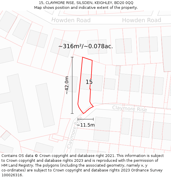15, CLAYMORE RISE, SILSDEN, KEIGHLEY, BD20 0QQ: Plot and title map