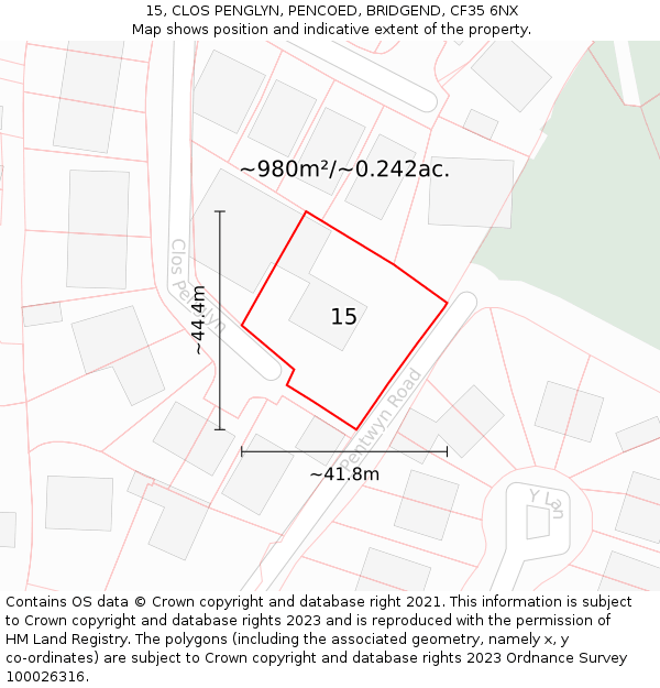 15, CLOS PENGLYN, PENCOED, BRIDGEND, CF35 6NX: Plot and title map