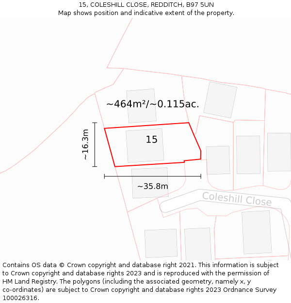 15, COLESHILL CLOSE, REDDITCH, B97 5UN: Plot and title map