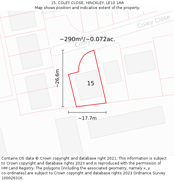 15, COLEY CLOSE, HINCKLEY, LE10 1AA: Plot and title map