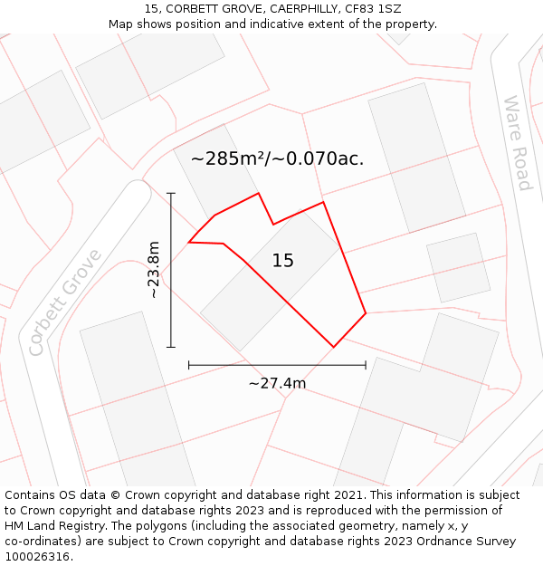 15, CORBETT GROVE, CAERPHILLY, CF83 1SZ: Plot and title map