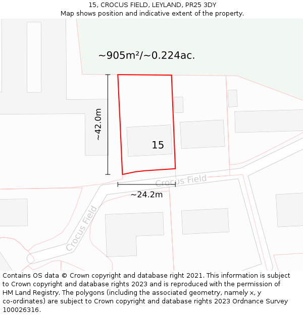 15, CROCUS FIELD, LEYLAND, PR25 3DY: Plot and title map