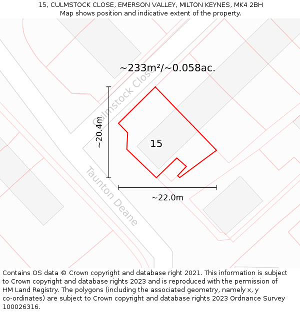 15, CULMSTOCK CLOSE, EMERSON VALLEY, MILTON KEYNES, MK4 2BH: Plot and title map