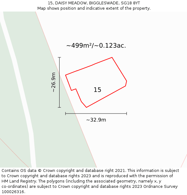 15, DAISY MEADOW, BIGGLESWADE, SG18 8YT: Plot and title map