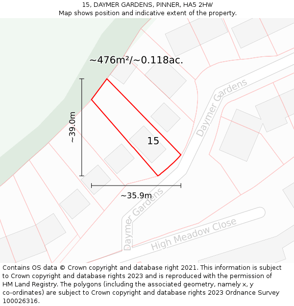 15, DAYMER GARDENS, PINNER, HA5 2HW: Plot and title map