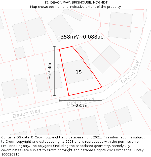 15, DEVON WAY, BRIGHOUSE, HD6 4DT: Plot and title map