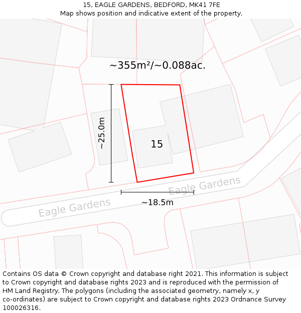 15, EAGLE GARDENS, BEDFORD, MK41 7FE: Plot and title map