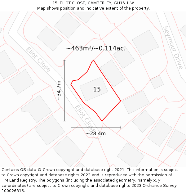 15, ELIOT CLOSE, CAMBERLEY, GU15 1LW: Plot and title map