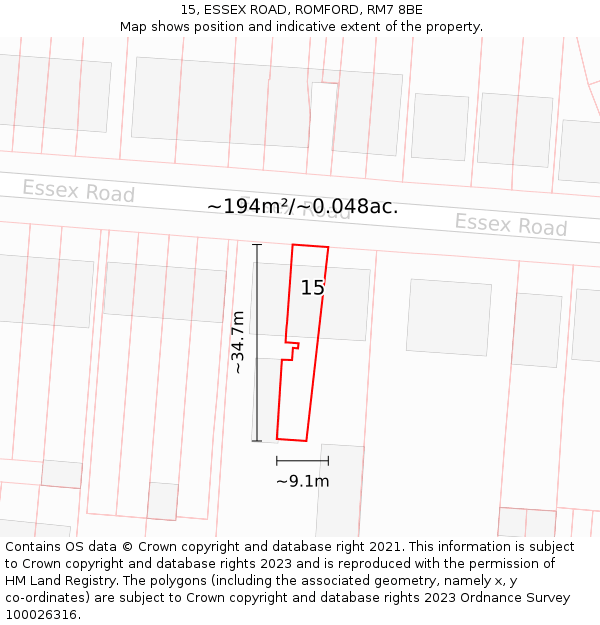 15, ESSEX ROAD, ROMFORD, RM7 8BE: Plot and title map