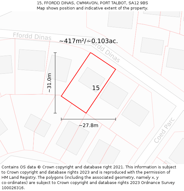 15, FFORDD DINAS, CWMAVON, PORT TALBOT, SA12 9BS: Plot and title map