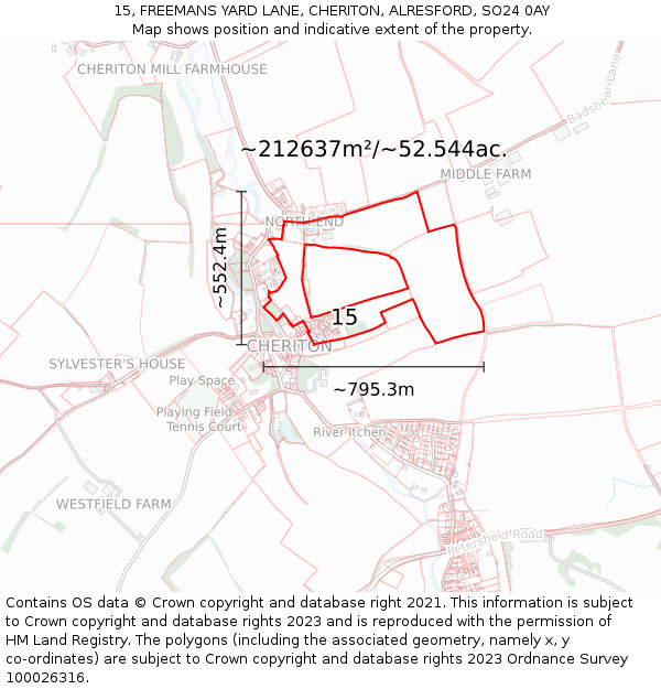 15, FREEMANS YARD LANE, CHERITON, ALRESFORD, SO24 0AY: Plot and title map