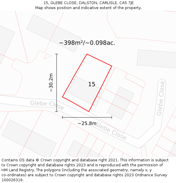 15, GLEBE CLOSE, DALSTON, CARLISLE, CA5 7JE: Plot and title map