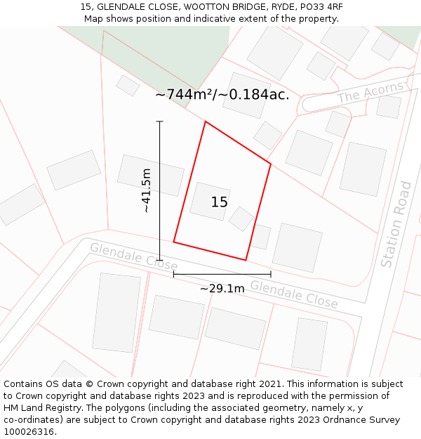 15, GLENDALE CLOSE, WOOTTON BRIDGE, RYDE, PO33 4RF: Plot and title map