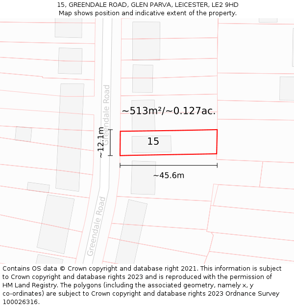 15, GREENDALE ROAD, GLEN PARVA, LEICESTER, LE2 9HD: Plot and title map