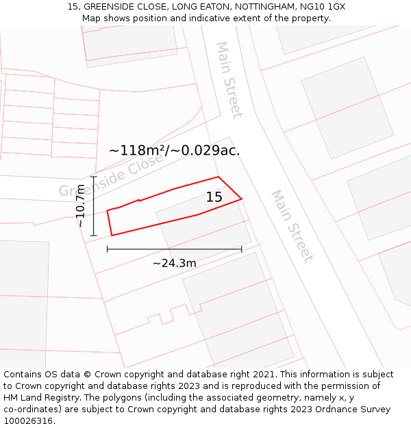 15, GREENSIDE CLOSE, LONG EATON, NOTTINGHAM, NG10 1GX: Plot and title map